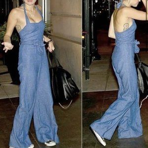 Elevenses Anthro Blue Linen Chambray Denim Halter Wide Leg Jumpsuit Womens 0XS